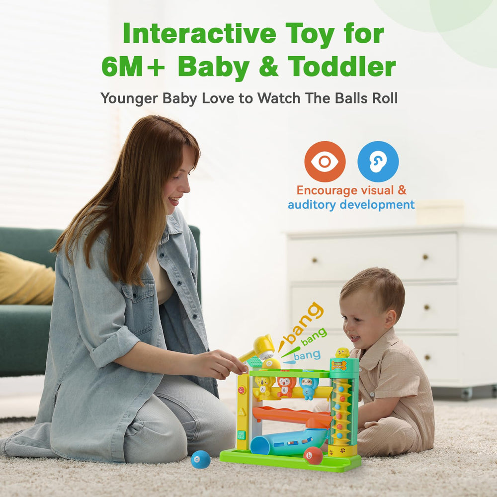 Zardali LED lights and music respond to ball drops for visual and auditory stimulation.
