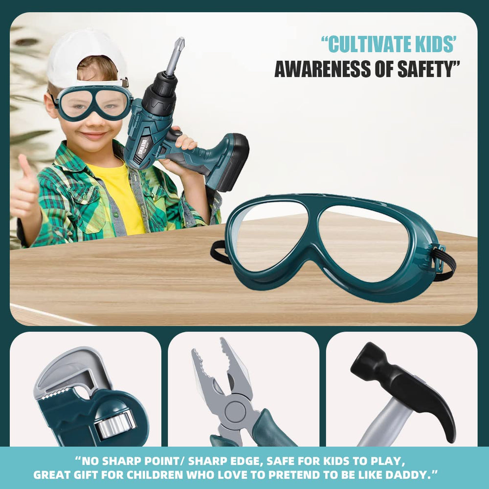 Zealous Toys Kids Tool Box safety gear including goggles and mask for safe pretend work.