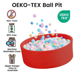 Zedachica red round ball pool creates a cozy toddler play space.