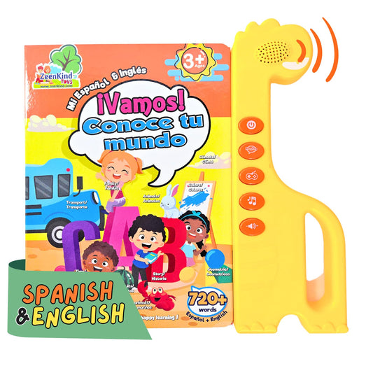 ZeenKind Spanish-English Sound Book cover shown for durable bilingual play.