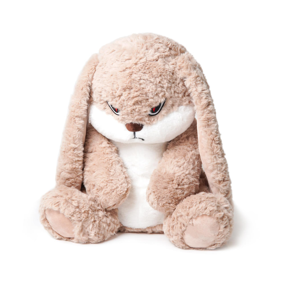 ZEIO Grumpy Bunny plush face close-up with velvety fur for comforting hugs.