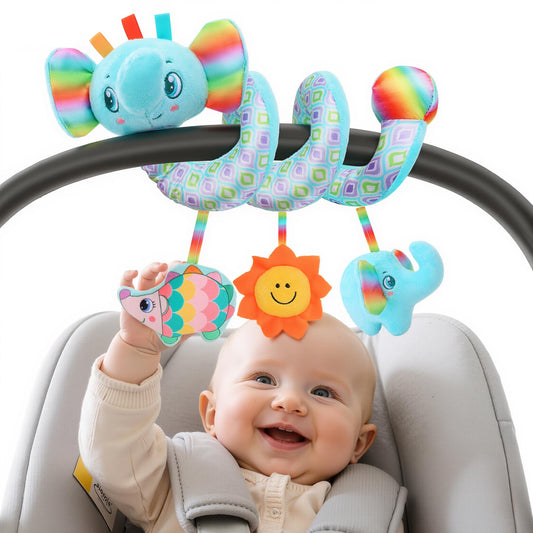 Zendstanding spiral car seat toy elephant rattle enhances visual and auditory play.