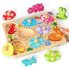 Zeoddler dinosaur egg puzzle set with natural wood and easy-grip knobs.