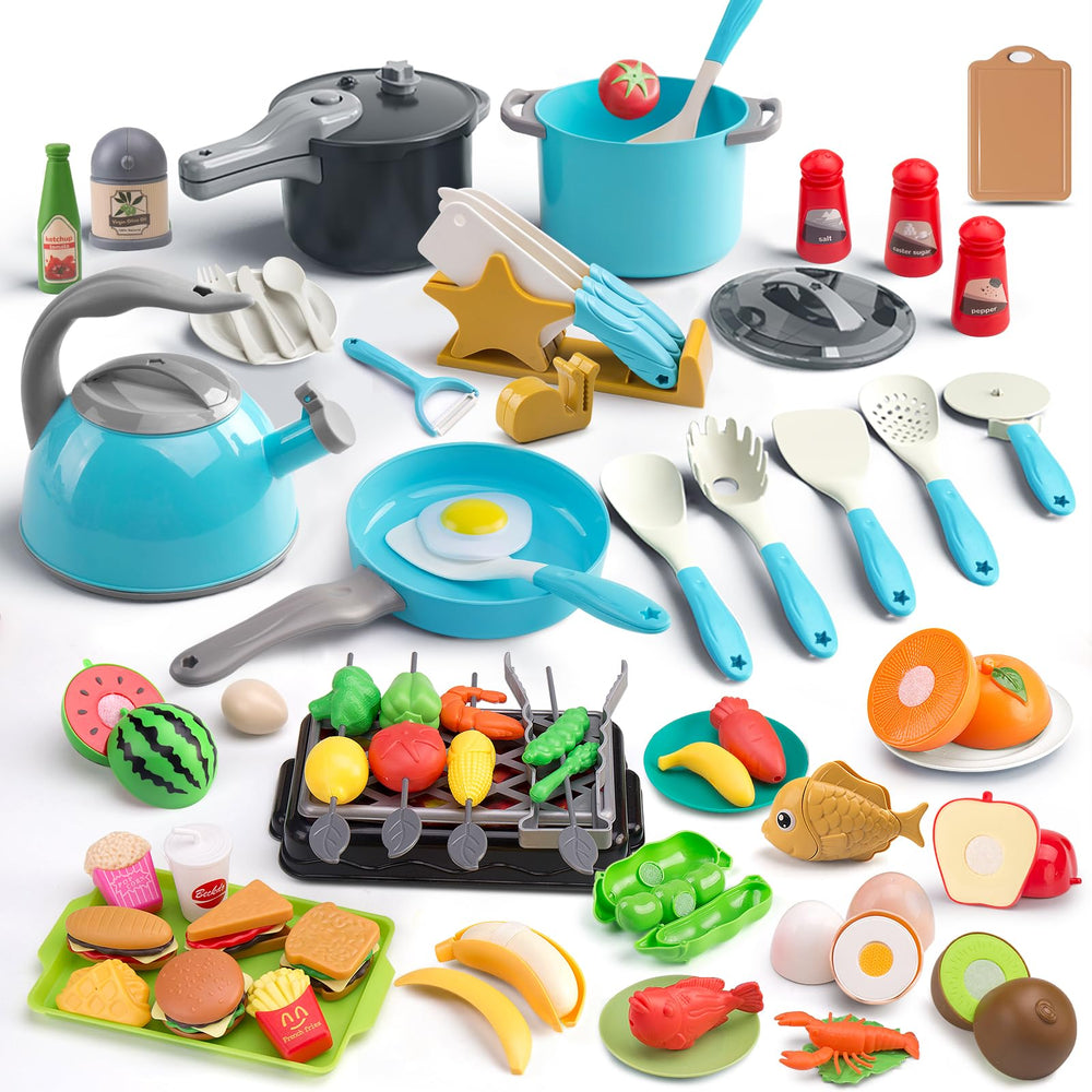 Zero Zoo 105-piece turquoise kitchen set for imaginative play and role-playing meals.