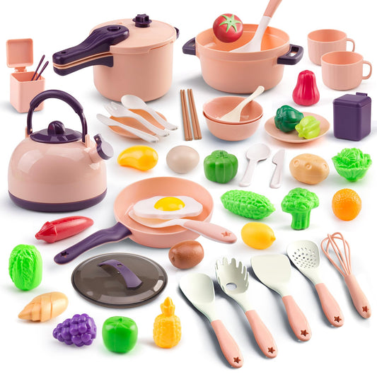 Zero Zoo pink cookware set for imaginative play and fine motor skill practice.