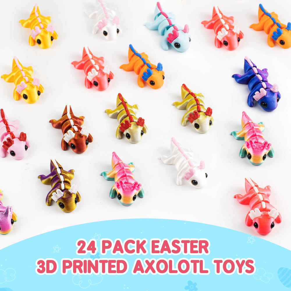 Close-up of bright, twisty Zesua axolotl 3D toys for interactive play.
