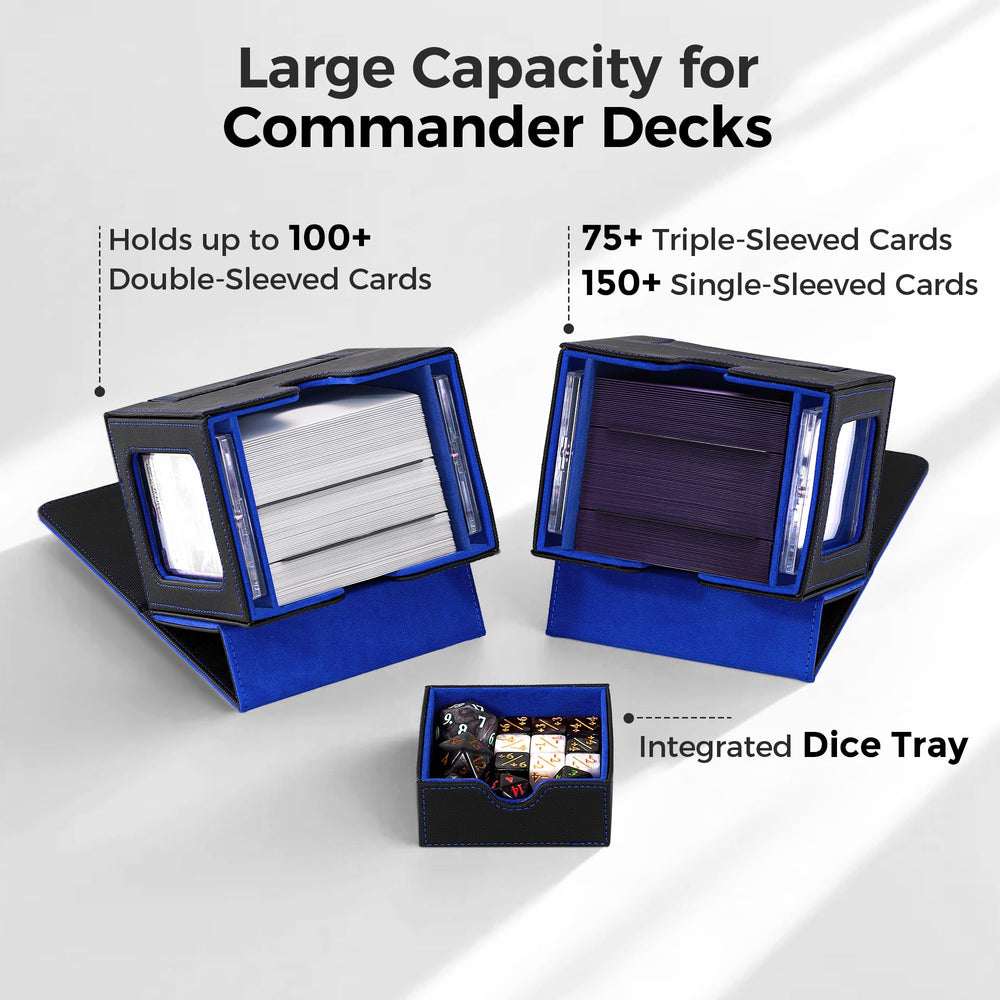 Zettokete deck box capacity shows 100+ double-sleeved cards with dividers for organization.