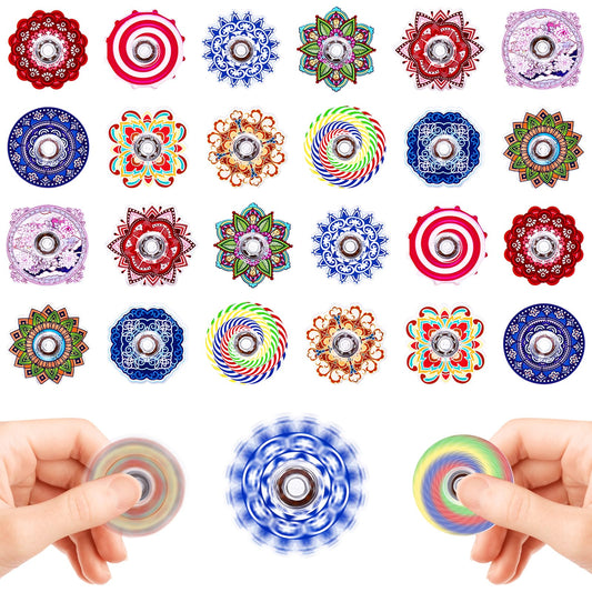 ZEZUCUN 24-pack fidget spinners in multicolor patterns for classroom prizes and stress relief.
