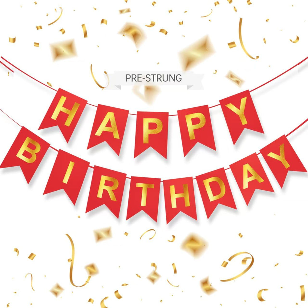 ZGIMI red happy birthday banner 16ft pre-strung for easy party setup indoors or outdoors