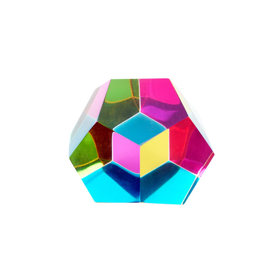 ZhuoChiMall CMY color dodecahedron on desk showing kaleidoscope colors
