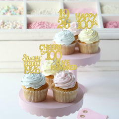 ZHUOWEISM 100 Years Celebration cupcake topper with gold glitter, perfect for milestone events.