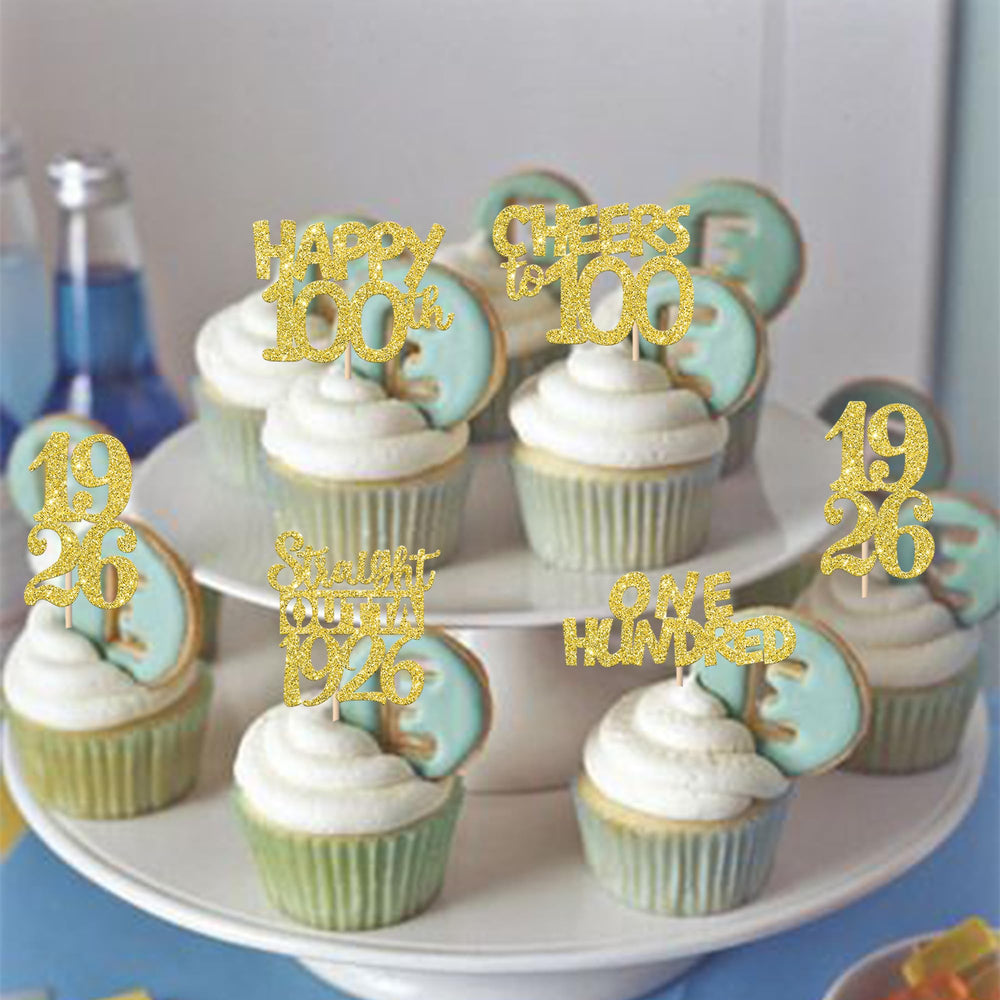 ZHUOWEISM 100th Wedding Anniversary cupcake topper with gold glitter, adds charm to desserts.