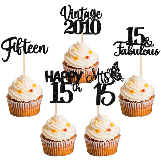 ZHUOWEISM 30-piece glitter cupcake toppers for a stylish 15th birthday celebration.