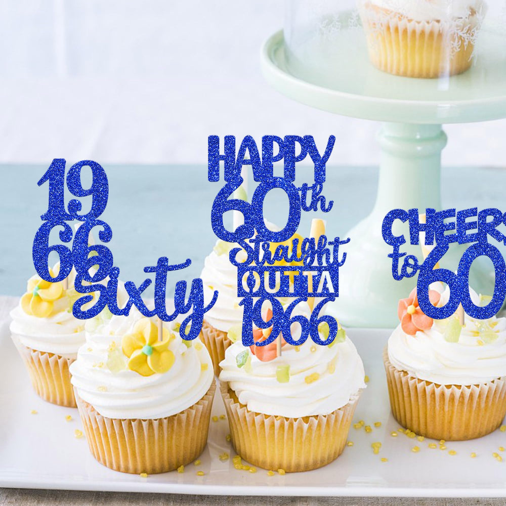 ZHUOWEISM blue glitter topper for cupcakes, 60th anniversary theme, festive decor