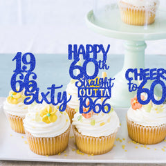 ZHUOWEISM blue glitter topper for cupcakes, 60th anniversary theme, festive decor