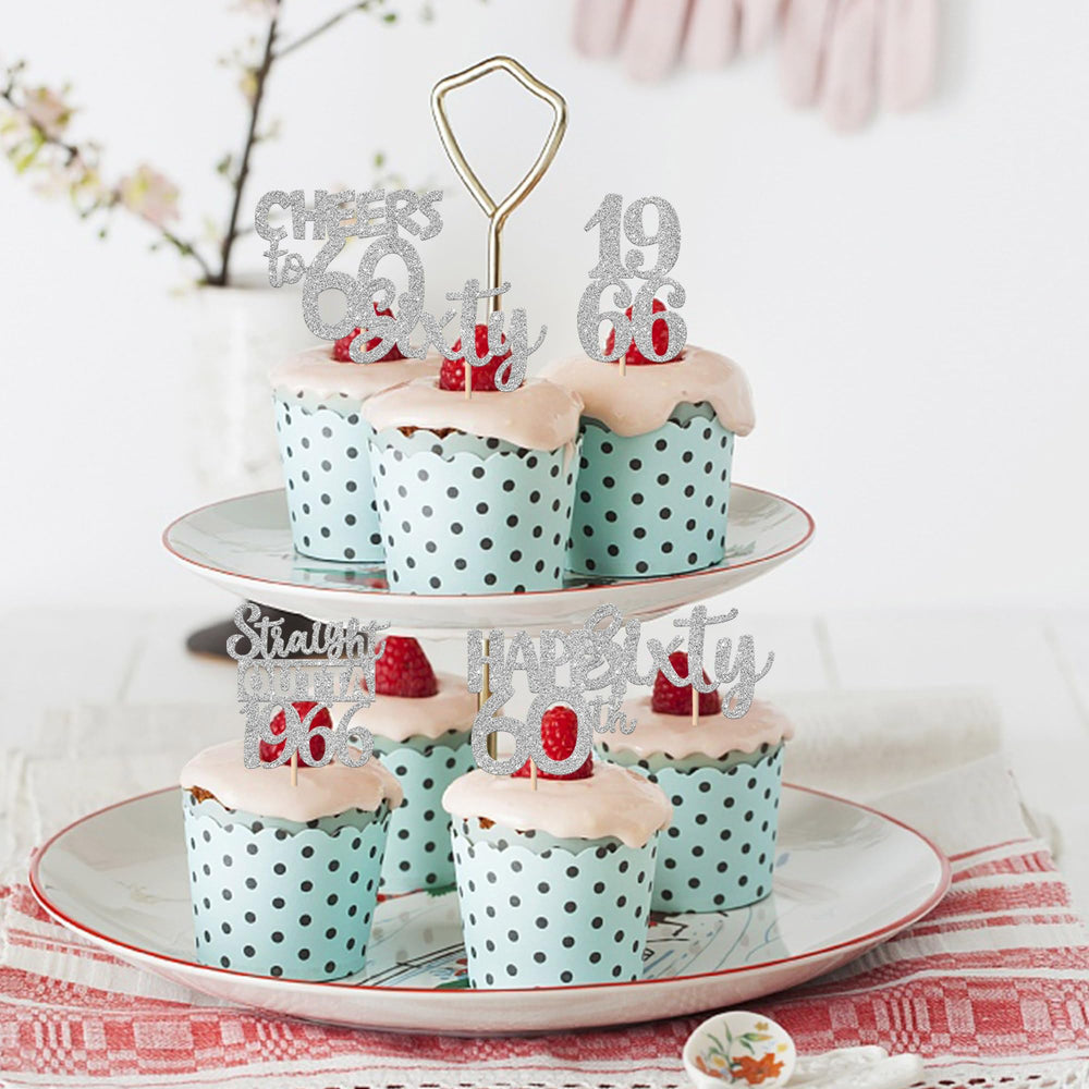 ZHUOWEISM 60th birthday party decor cupcakes topper glitter silver