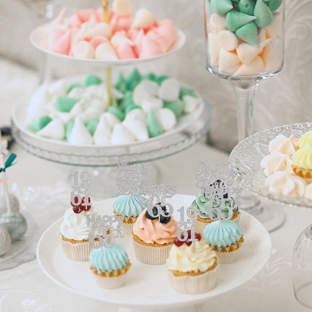 ZHUOWEISM 65th anniversary cupcake topper glitter silver decorative accent