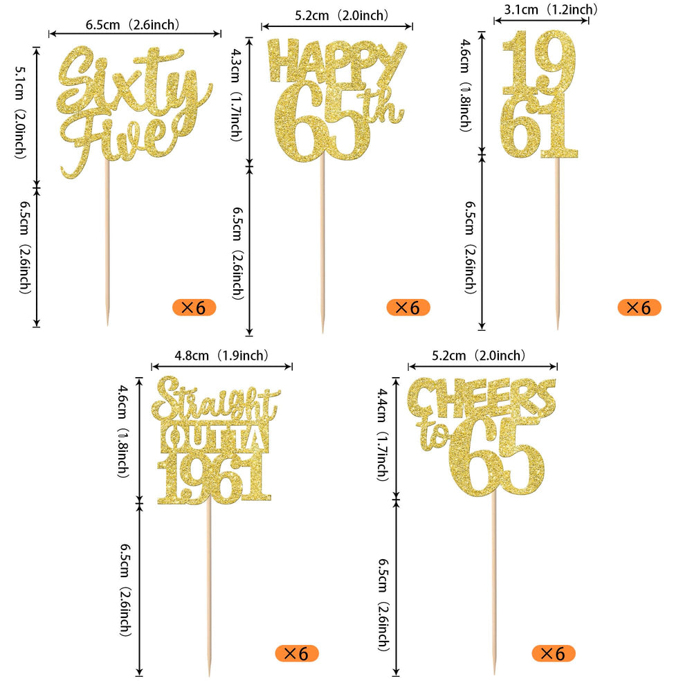 ZHUOWEISM 65th birthday cupcake picks with gold glitter enhance desserts and party decor