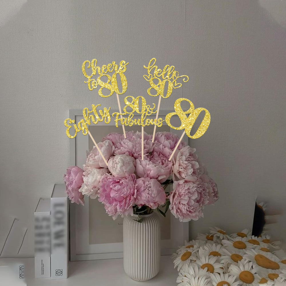 ZHUOWEISM 80th Anniversary Theme centerpiece sticks elevate floral centerpieces with glittery gold accents.