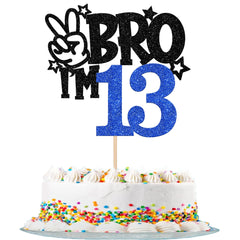 ZHUOWEISM brother-im-13 cake topper with stick, blue glitter, enhances birthday cake presentation.