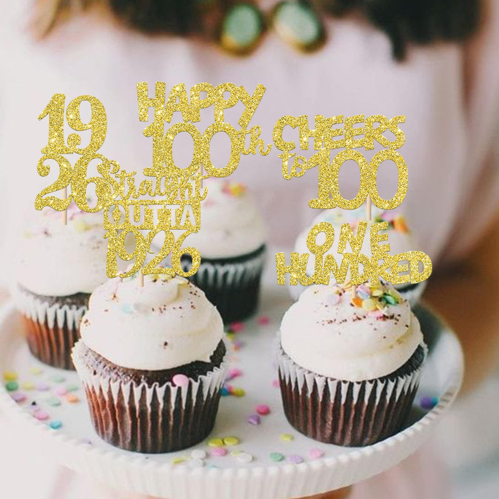 ZHUOWEISM Cheers to 100 Years cupcake topper with gold glitter, festive dessert accent.