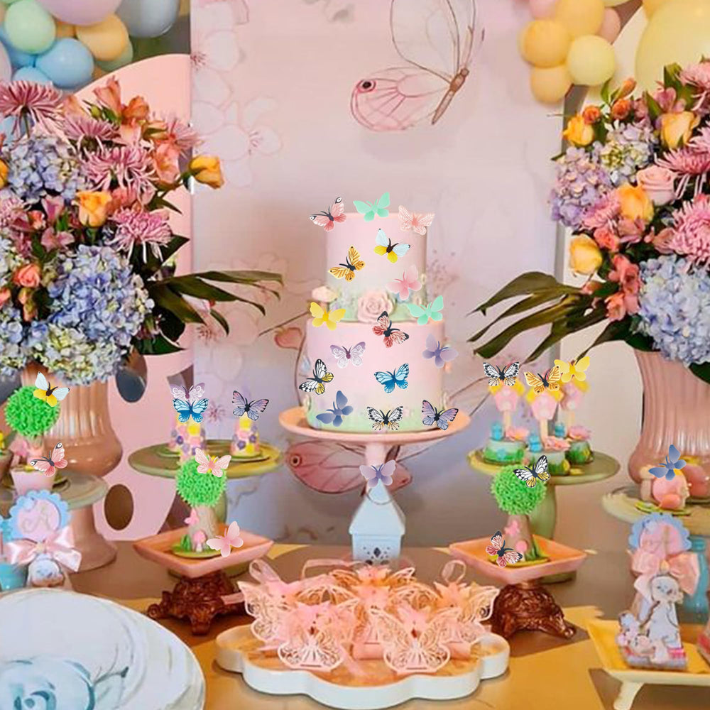 Delicate wafer paper butterflies cling to a cake for professional-looking decoration.