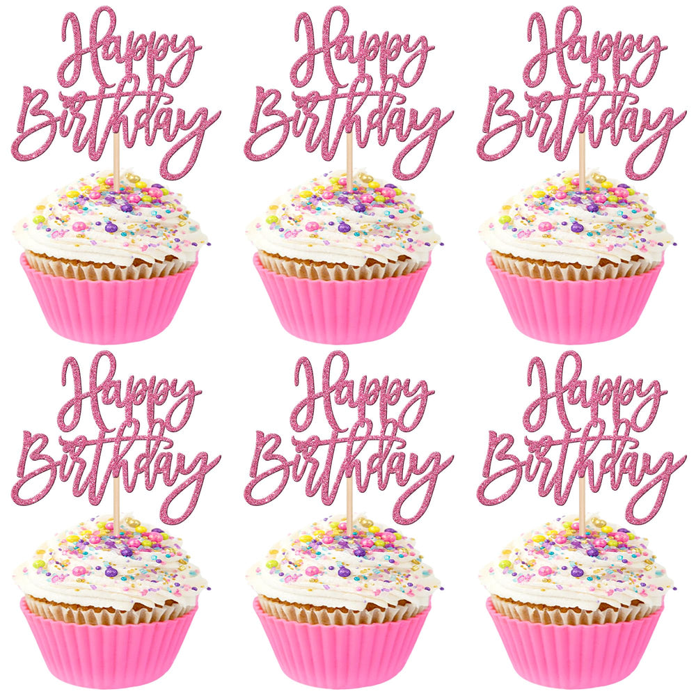 ZHUOWEISM glitter cupcake toppers in pink sparkle for birthday cupcakes, 24 pieces