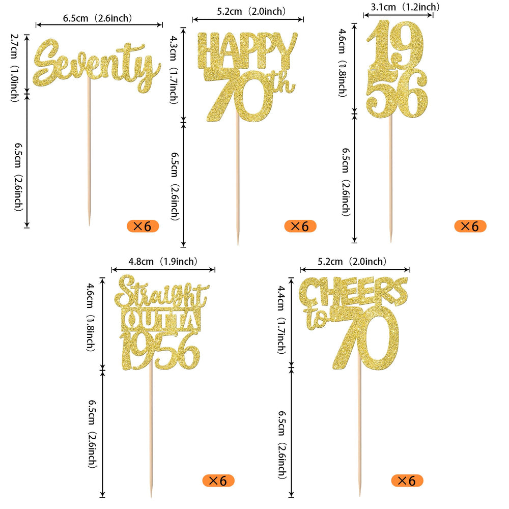 ZHUOWEISM gold glitter 70th birthday cupcake toppers design 2, enhances desserts at parties