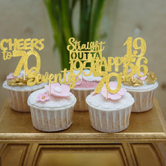 ZHUOWEISM gold glitter 70th birthday cupcake toppers design 3, adds sparkle to treats