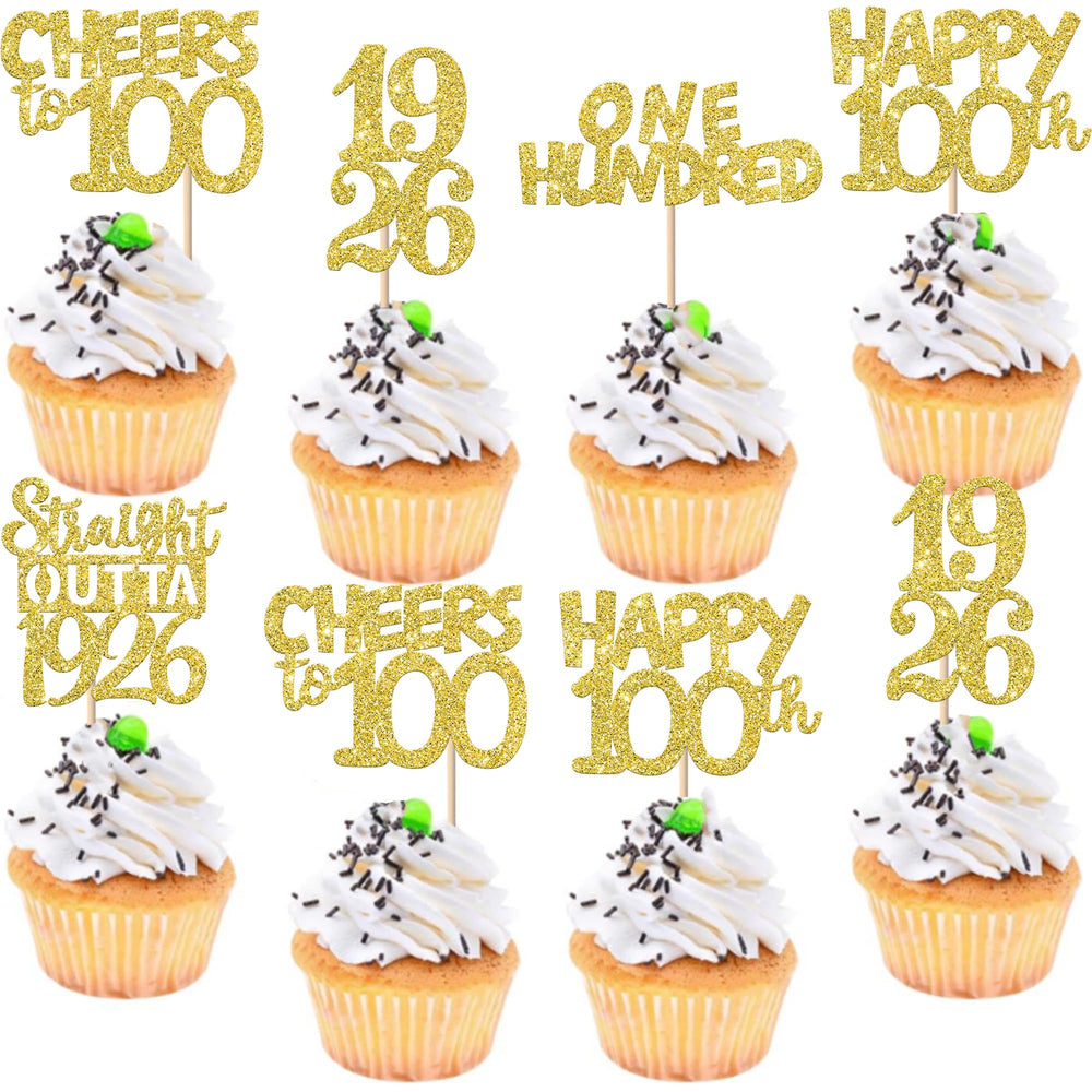 ZHUOWEISM Happy 100th Birthday cupcake topper with gold glitter, ideal for 100th birthday parties.