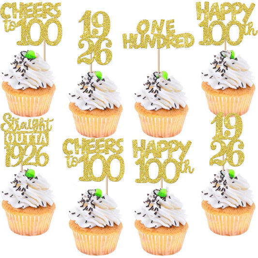 ZHUOWEISM Happy 100th Birthday cupcake topper with gold glitter, ideal for 100th birthday parties.