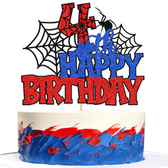 ZHUOWEISM Happy 4th Birthday cake topper with glitter spider web enhances the cake's festive look.