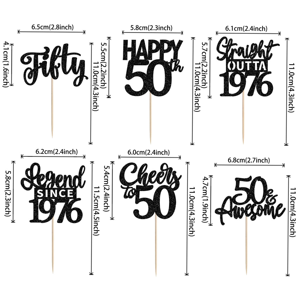 ZHUOWEISM happy 50th birthday cupcake toppers in black glitter add drama to desserts.