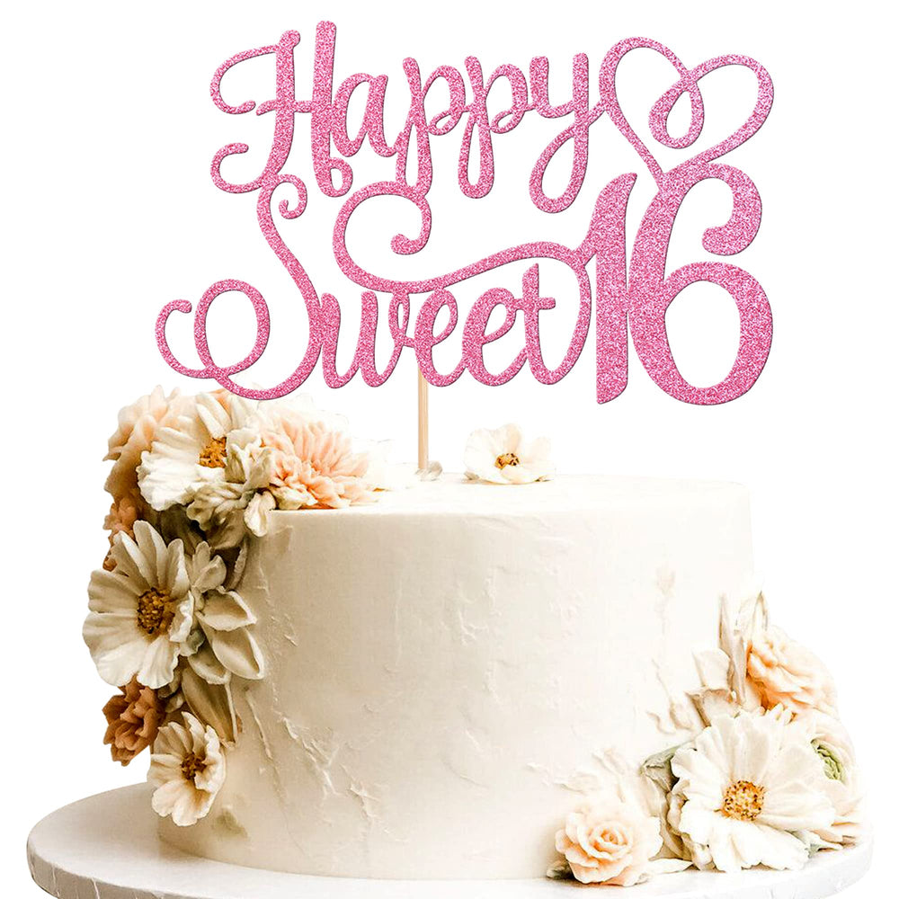 ZHUOWEISM Happy Sweet 16 cake topper in pink glitter for a festive birthday cake.