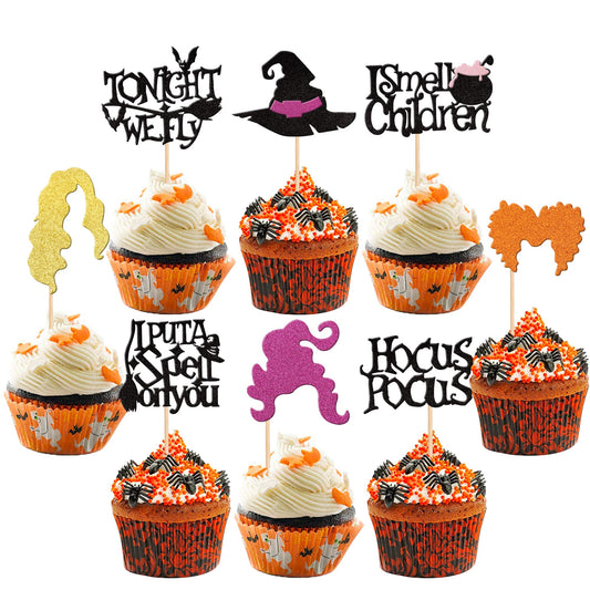ZHUOWEISM hocus pocus cupcake toppers with glitter witch hat decorate Halloween desserts.
