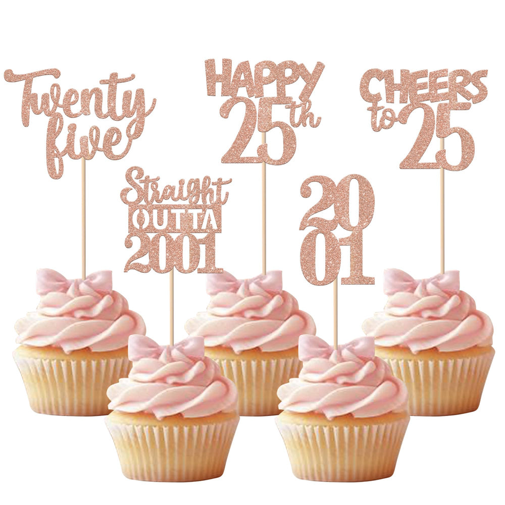 ZHUOWEISM rose-gold 25th birthday toppers add glittery elegance to cupcakes.