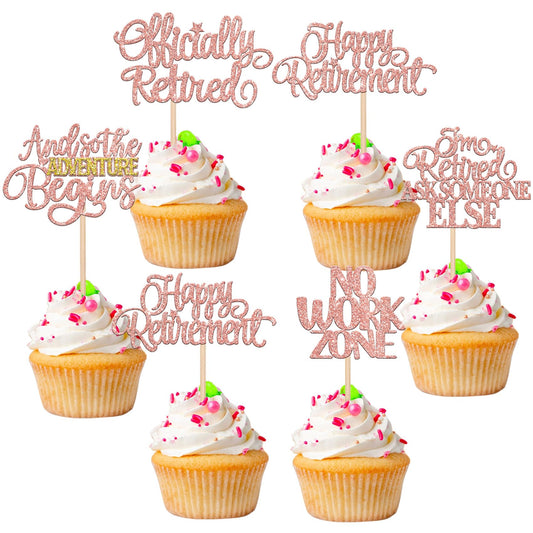 ZHUOWEISM rose-gold retirement topper brightens cupcakes for a festive celebration