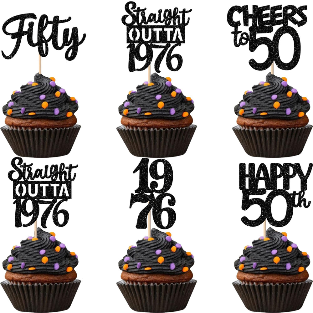 ZHUOWEISM Straight Outta 1976 cupcake toppers in black glitter for bold party decor