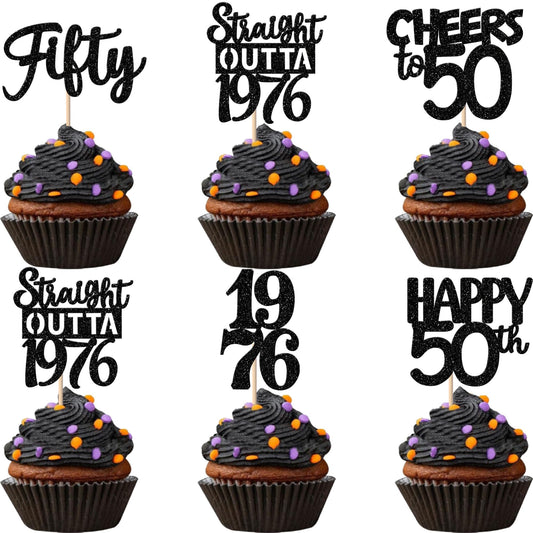 ZHUOWEISM Straight Outta 1976 cupcake toppers in black glitter for bold party decor
