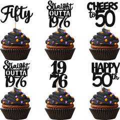 ZHUOWEISM Straight Outta 1976 cupcake toppers in black glitter for bold party decor