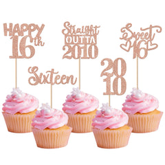 ZHUOWEISM Straight Outta 2010 cupcake toppers in glitter rose gold for 16th birthday decor