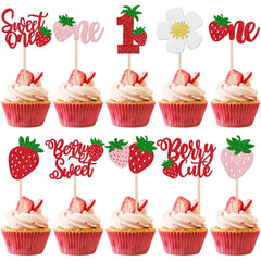 ZHUOWEISM Sweet One Strawberry cupcake toppers decorate cupcakes with glittery strawberry flair.