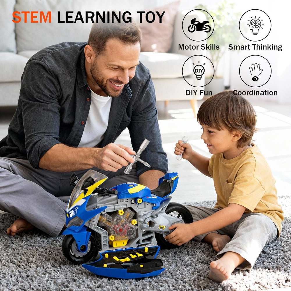 ZHYLLO transparent-engine motorcycle shows pistons moving during safe, kid-friendly disassembly play.