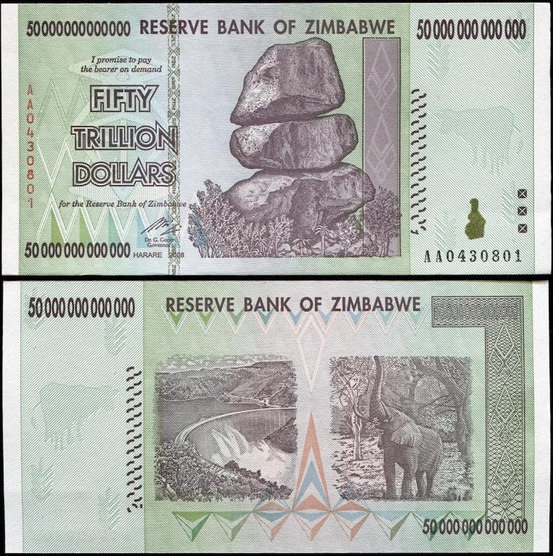 Zimbabwe 50 Trillion AA P90 note face rock formations, ideal for display and collection