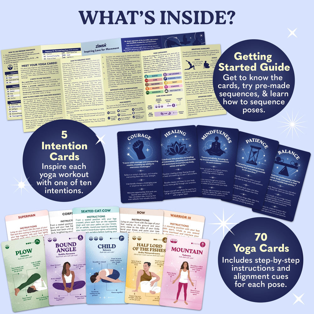 Zinsk 70 Premium Yoga Cards downward dog with accessible modification tips.