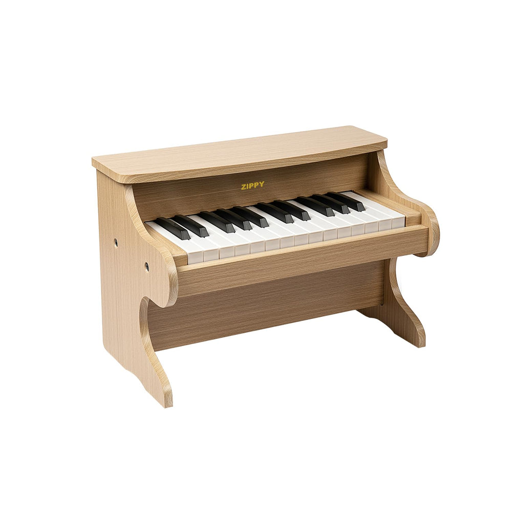 ZIPPY Kids Piano, 25 keys on a wooden table, promotes early musical exploration.