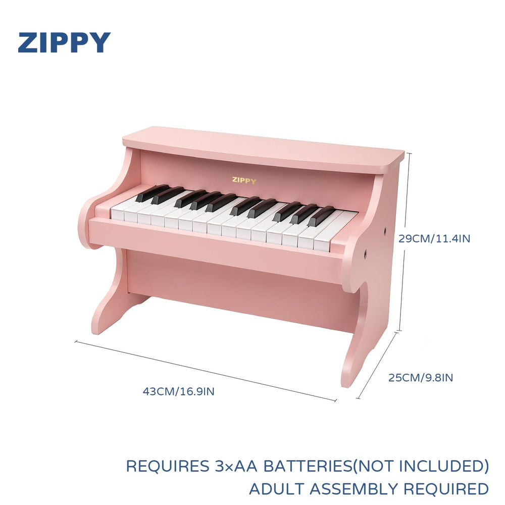 ZIPPY wood-finish-piano blends retro decor with play space.