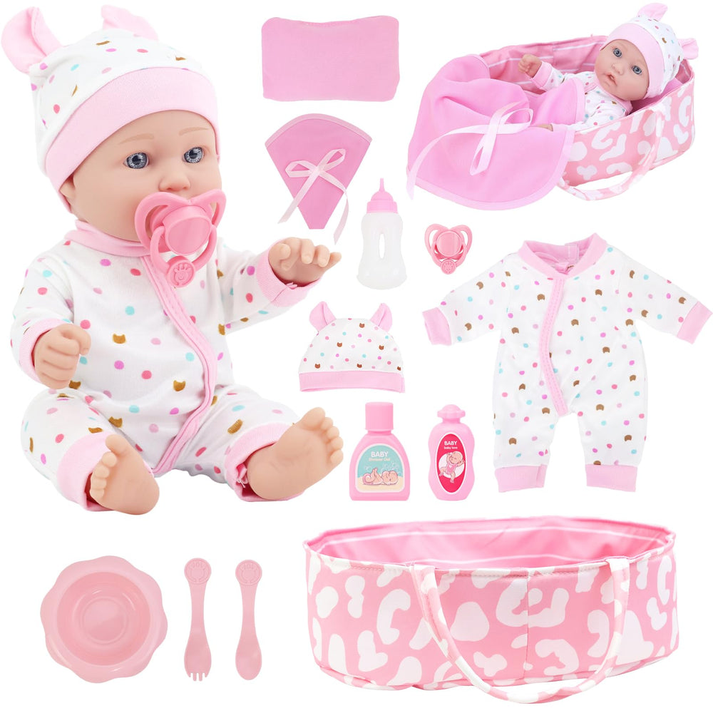 Zita Element 12-inch baby doll resting in sleeping basket for nurturing play