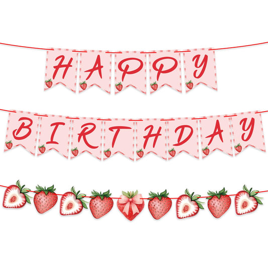 ZJRUI strawberry banner assembly offers a playful birthday backdrop.