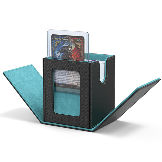 ZLCA MTG deck box with display window on lid, showcasing a prized card